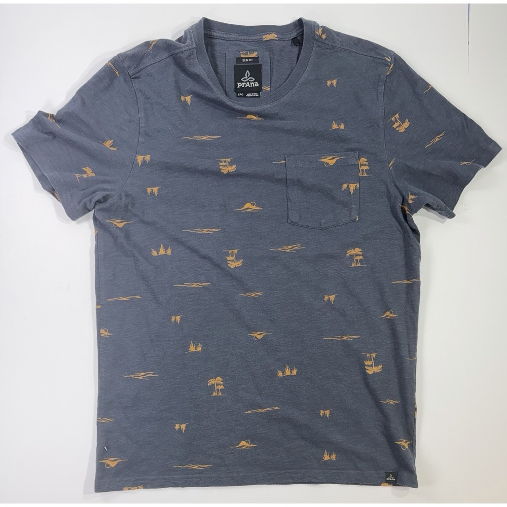 prAna Slim Fit Pocket T Shirt Mens Large Blue Outdoor Print Tee